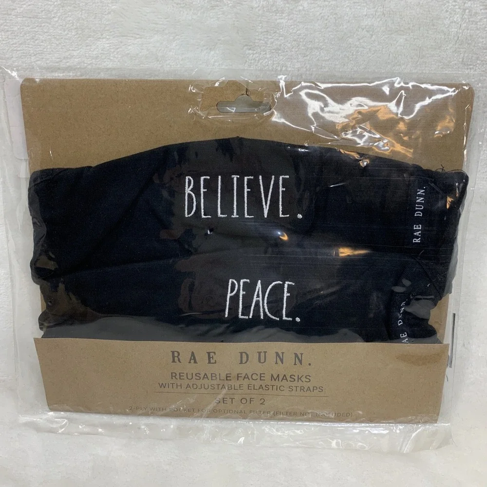 Rae Dunn Face Masks Black SET‎ OF 2 Cotton Reusable NEW 